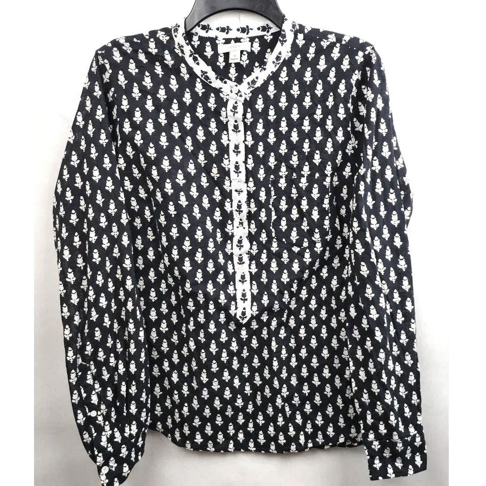 J.Crew Block Print Henley Blouse Womens 12 Navy Blue Cotton Floral Long Sleeve